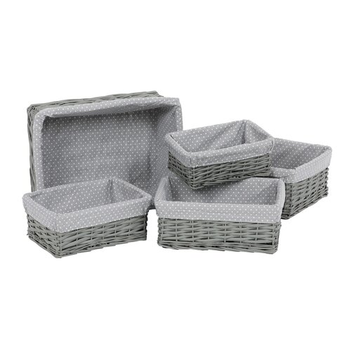 Weidenkörben-Set mit Stoff Grauer Punkt, 5 Stück, 5 Größen, 48 x 18 x 37 cm