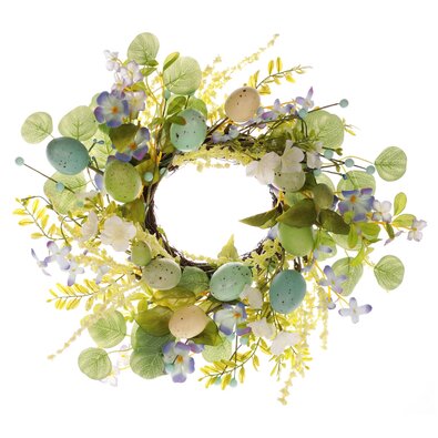 Wielkanocny wieniec z kwiatami i jajkami, zielony, śr. 35 cm