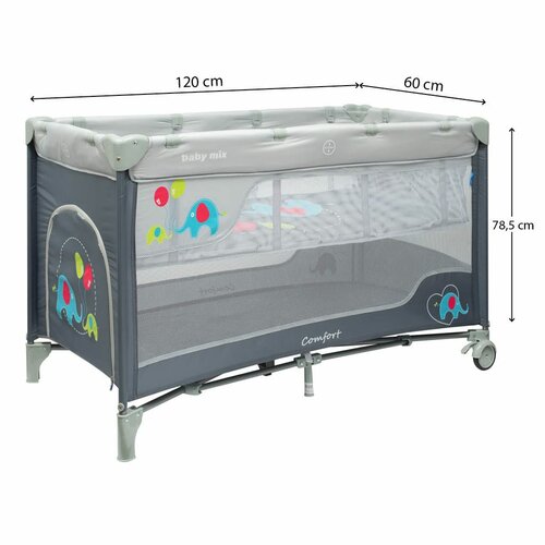 Pătuț de călătorie cu pat suspendat Baby Mix Elefanți gri, 120 x 78,5 x 62 cm