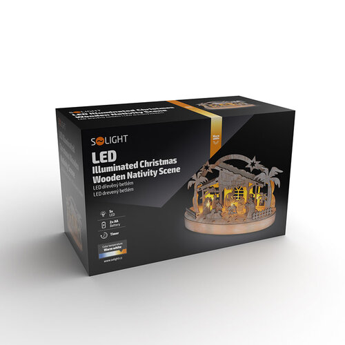 Solight – drewniana, podświetlana szopka bożonarodzeniowa, 5 diod LED, 25 cm, 2 baterie AA