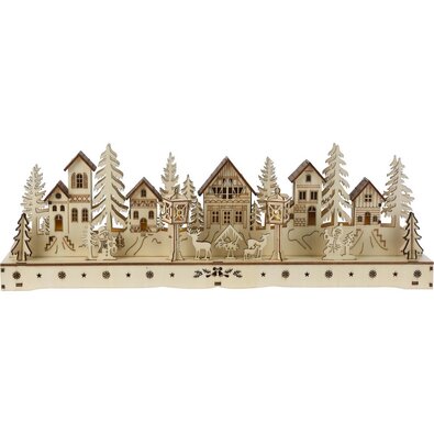 Vánoční svítící vesnička, 15 LED, 45 x 5,8 x 15 cm, přírodní, dřevo