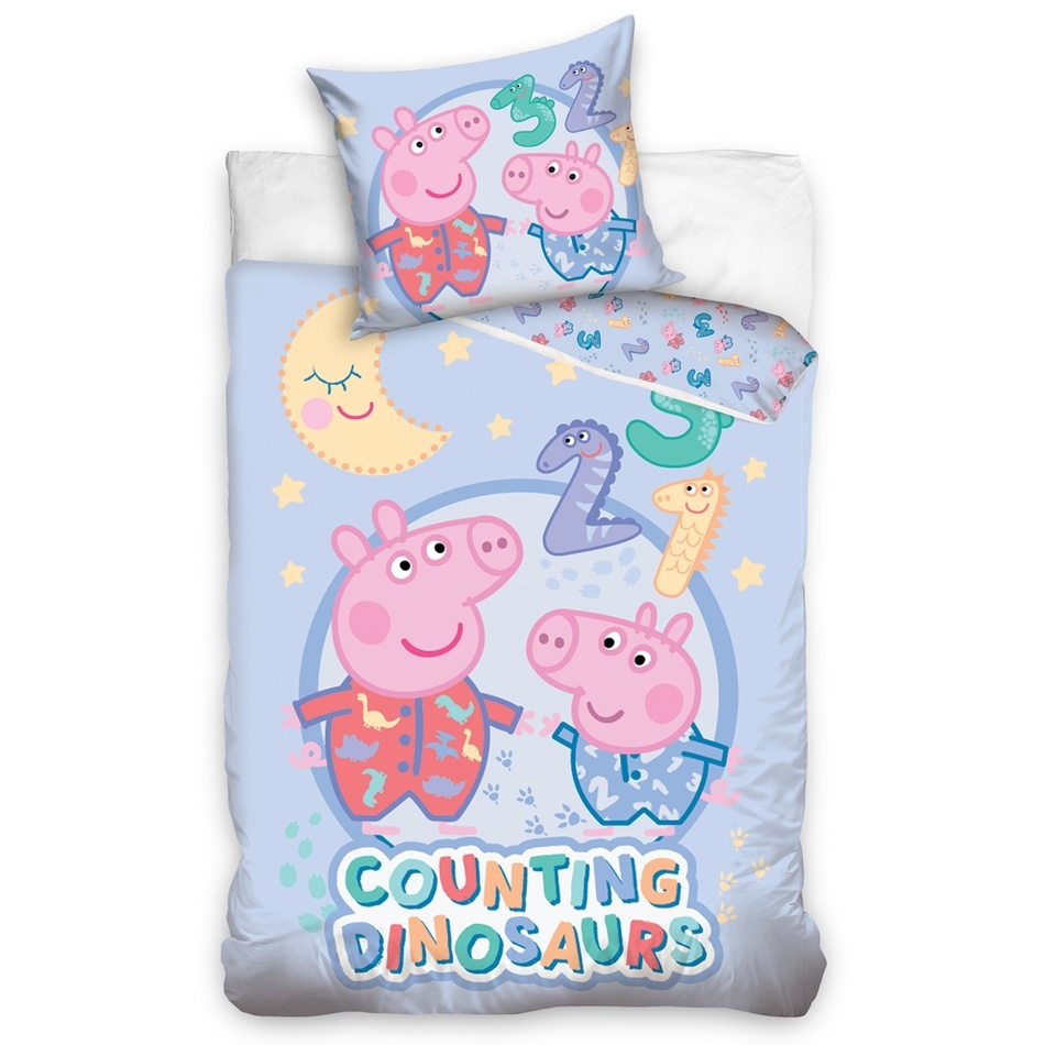 Dětské bavlněné povlečení do postýlky Prasátko Peppa Snění s dinosaury, 100 x 130 cm, 40 x 60 cm