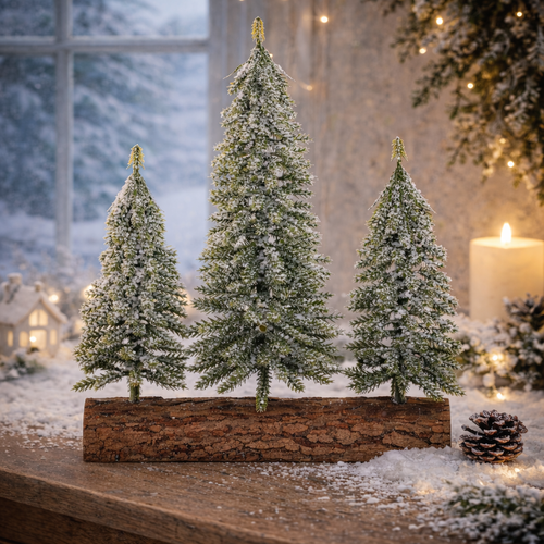 Weihnachtsdekoration „Fichten auf einem Holzscheit“ – Trio, 34 cm, mit Raureif, grün