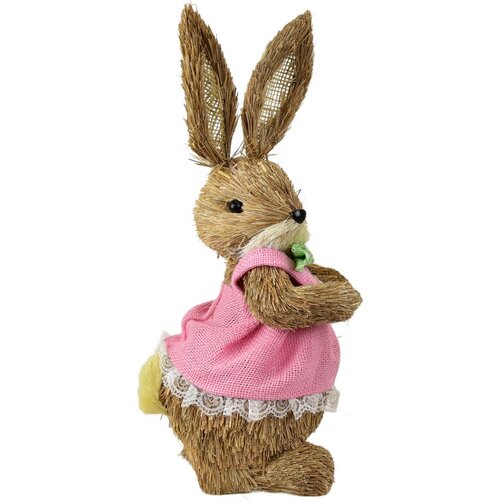 Velikonočni slamnati zajček v roza obleki, naraven, 39 cm