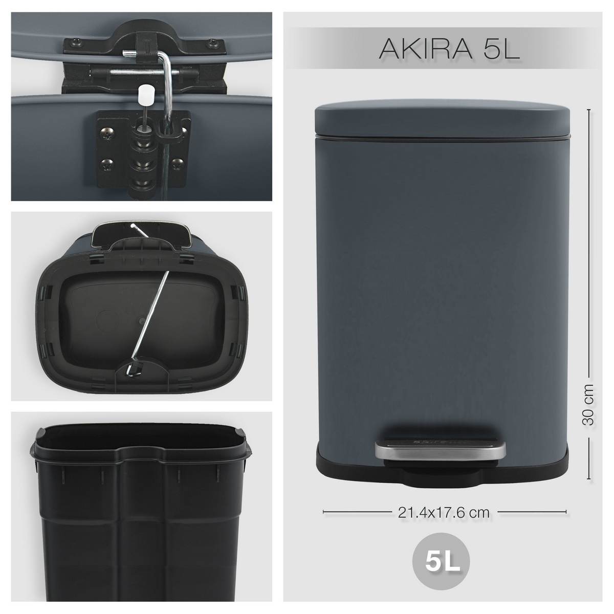 Spirella Pedálový odpadkový koš Akira 5 l, matná šedá - thumb (5)