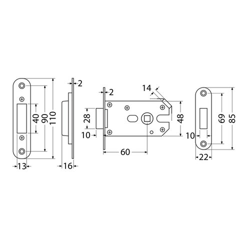 Încuietoare cu zăvor pentru feronerie fără rozete Richter EN.305.M.KL.60.22.CE