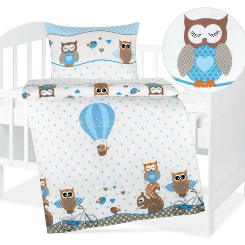 Bellatex Dziecięca pościel bawełniana do łóżeczkaAgáta Sovička niebieski, 90 x 135 cm, 45 x 60 cm