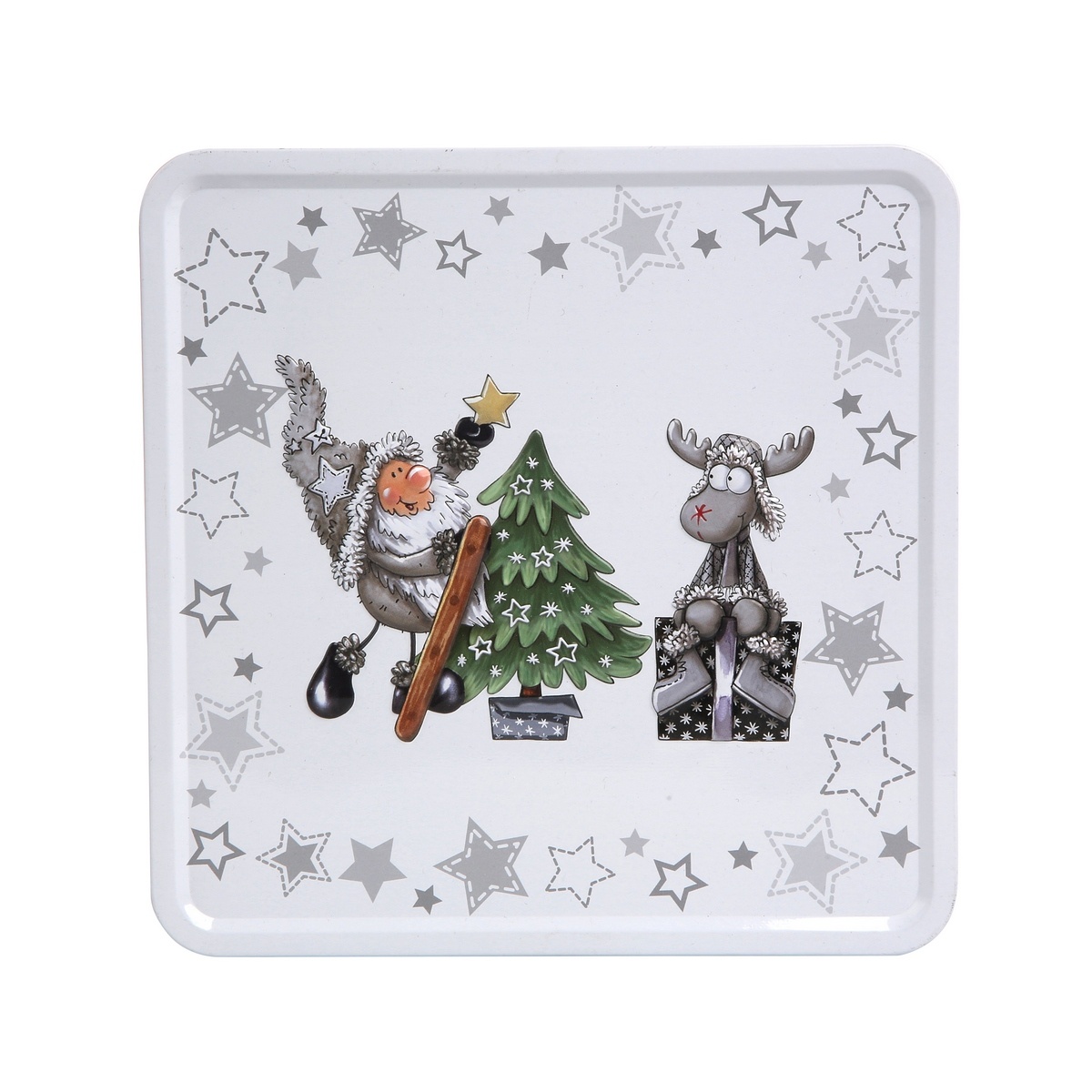 Altom Plechová dóza s vekom X-Mas Santa with reindeer and tree, 20 x 20 x 8 cm