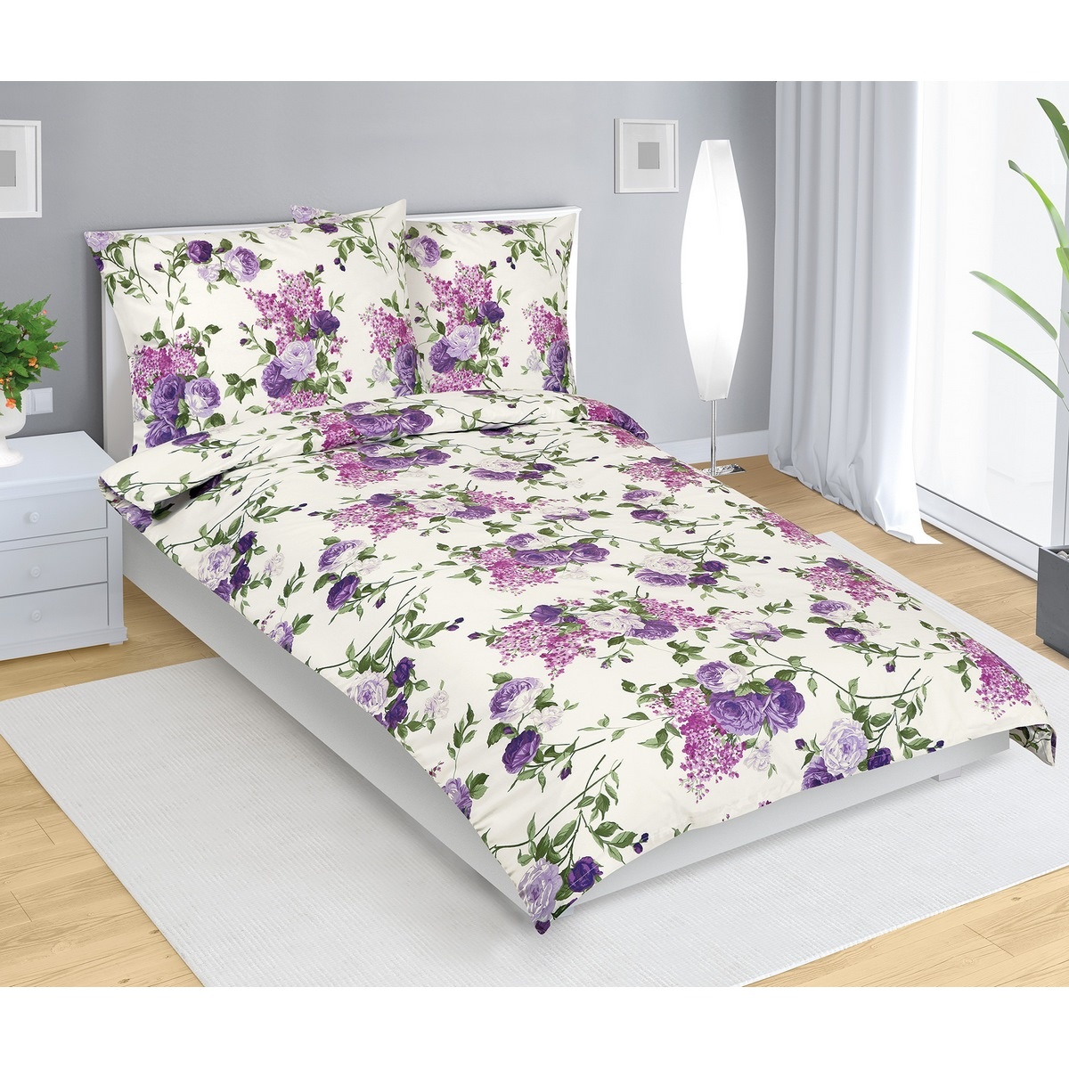 Bellatex Rózsa pamut ágyneműhuzat lila, 140 x 200 cm, 70 x 90 cm, 140 x 200 cm, 70 x 90 cm