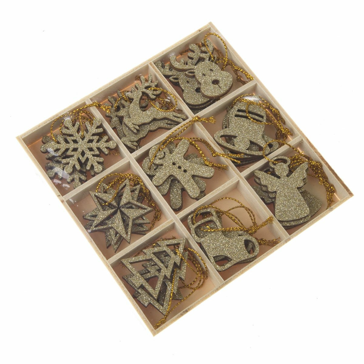 Zestaw drewnianych ozdób świątecznych w pudełku, 36 szt., złoty