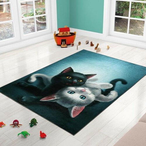 Bellatex Kinderteppich Katze türkis, 100 x 150 cm
