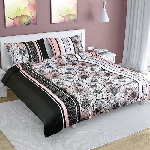 Virág pamut ágynemű, fekete-rózsaszín, 180 x 220 cm, 50 x 70 cm