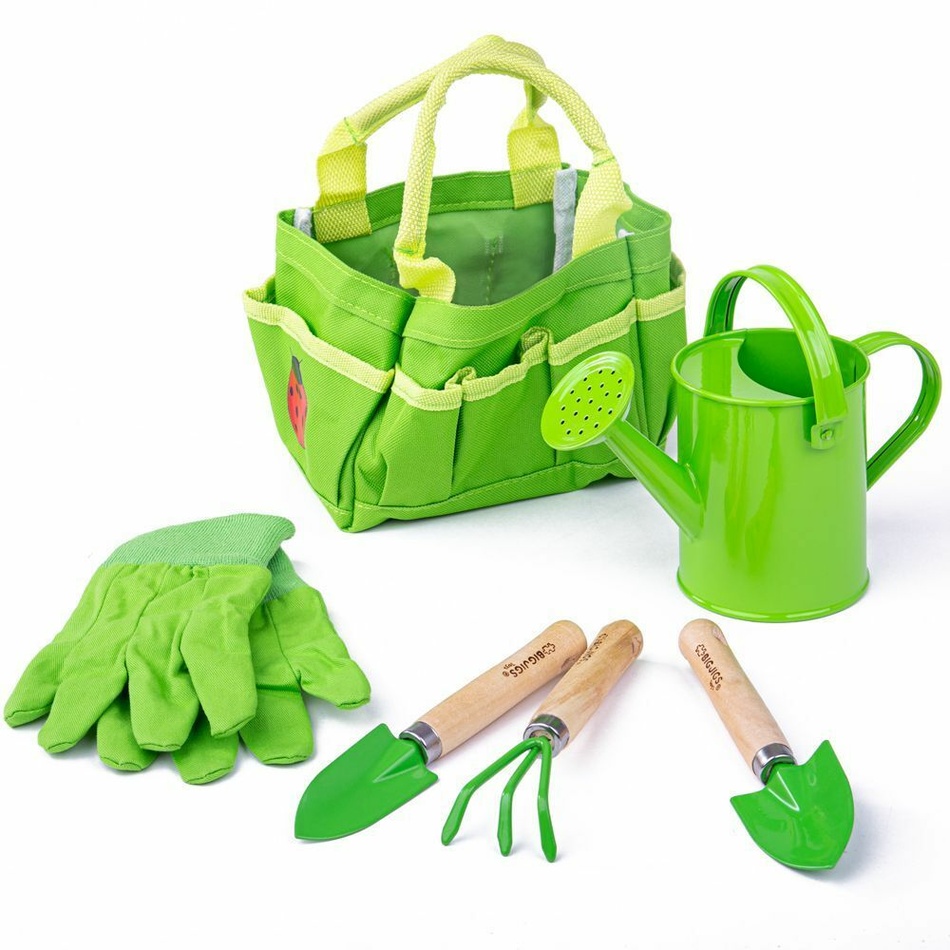 Bigjigs Toys Záhradný set náradia v plátennejtaške, zelená