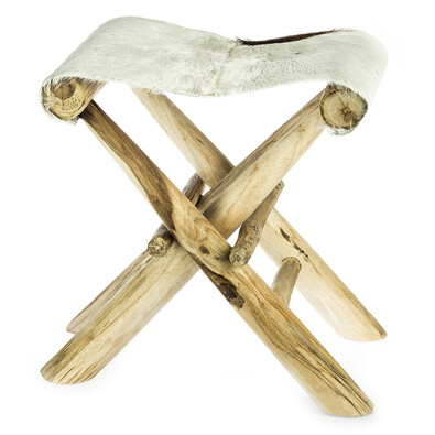 Drewniany taboret składany Teak biały, 41 x 30 x 40 cm