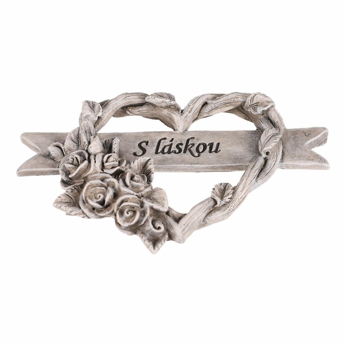 Fotografie Pietní dekorace Srdce s růžemi a stuhou, polyresin, 9 x 9 x 2 cm