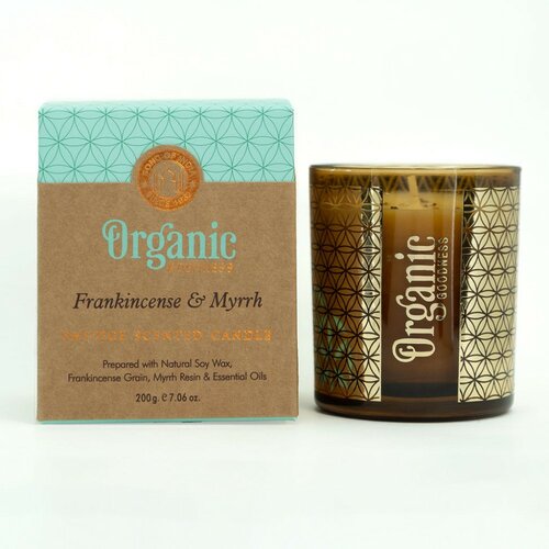 Lumânare aromată organică Frankincense & Myrrh 200 g în sticlă cu folie aurie