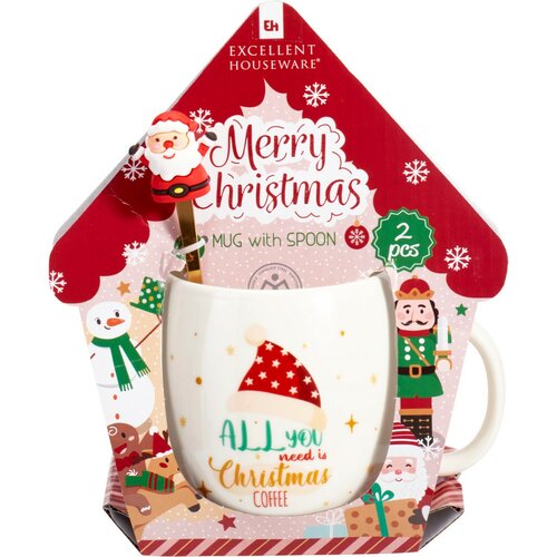 Weihnachtliche Porzellantasse mit Löffel Santa 550 ml