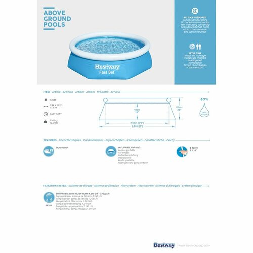 Bestway 57448 Aufblasbarer Pool Fast Set , 244 x 61 cm