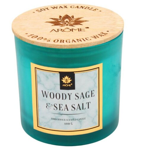 Arome Sojeva sveča Woody Sage and Salt 400 g zlesenim stenjem in pokrovom