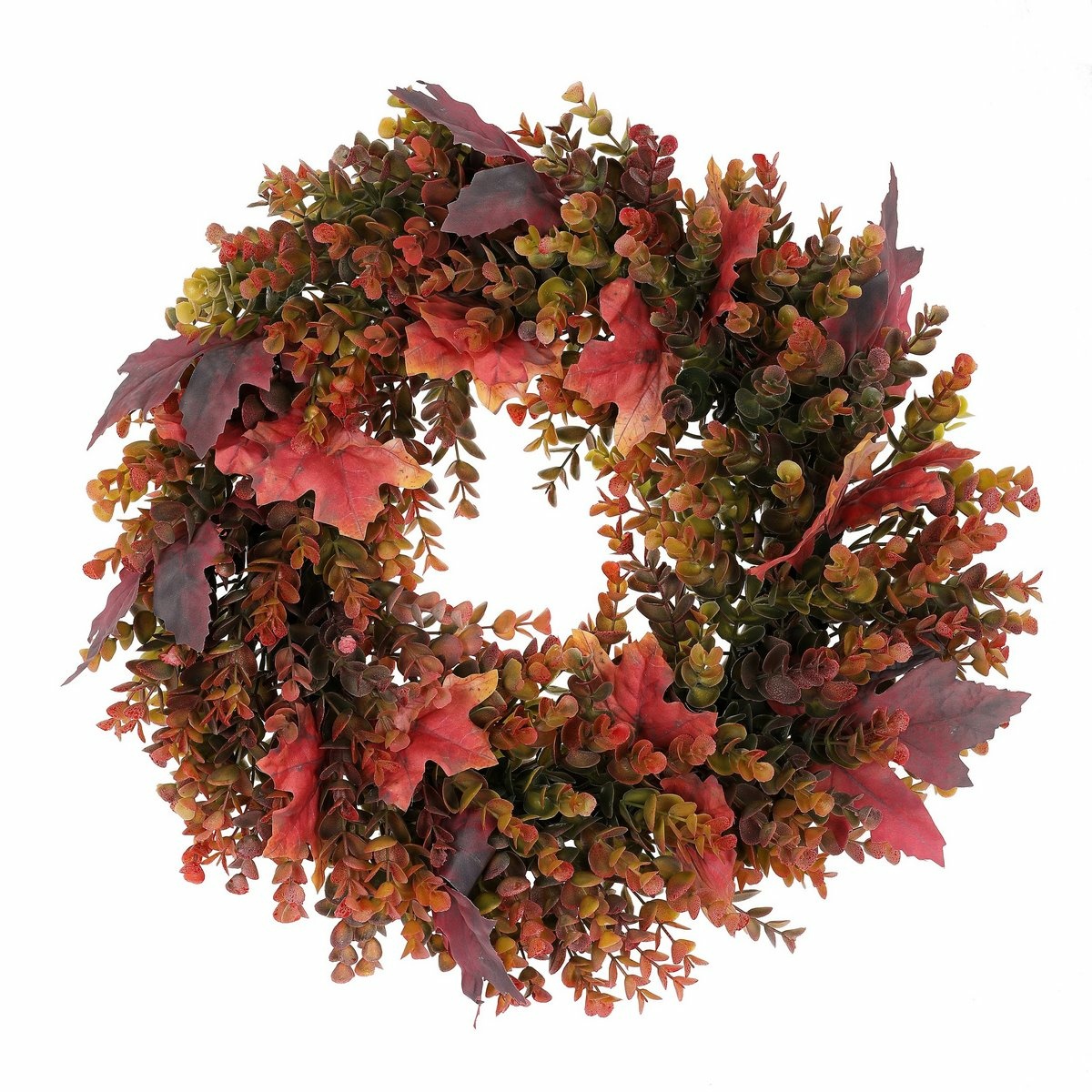 Podzimní věnec umělý Eucalyptus a javorové listy, pr. 50 cm, červeno-zelená