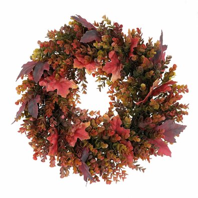 Podzimní věnec umělý Eucalyptus a javorové listy, pr. 50 cm, červeno-zelená