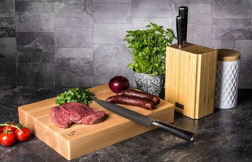 Set de cuțite G21 Damascus Premium în bloc debambus, 3 bucăți + piatră de ascuțit