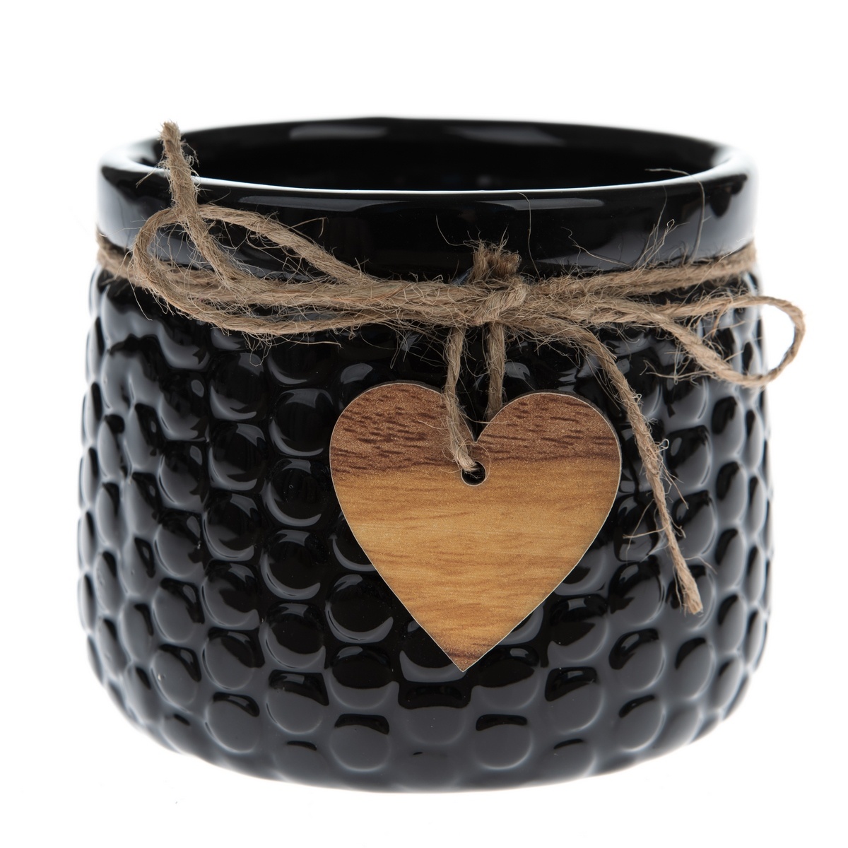 Levně Keramický obal na květináč Wood heart černá, 9 x 12,5 cm
