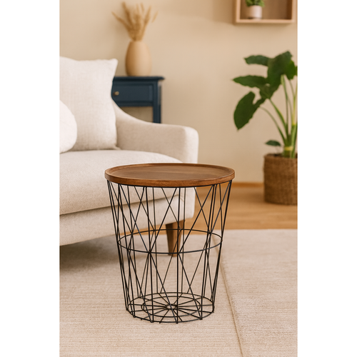 Drótkosárka tárolóasztal MDF lappal 37 x 39 cm, fekete