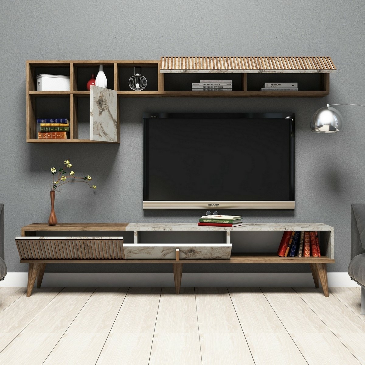 Televízna stena Milan Walnut and White Marble