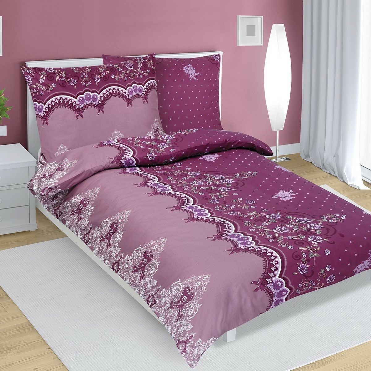 Lenjerie de pat Ornament, din bumbac, violet, 140 x 200 cm, 70 x 90 cm