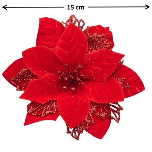 Vianočná dekorácia Poinsettia so štipcom červená, súprava 6 ks