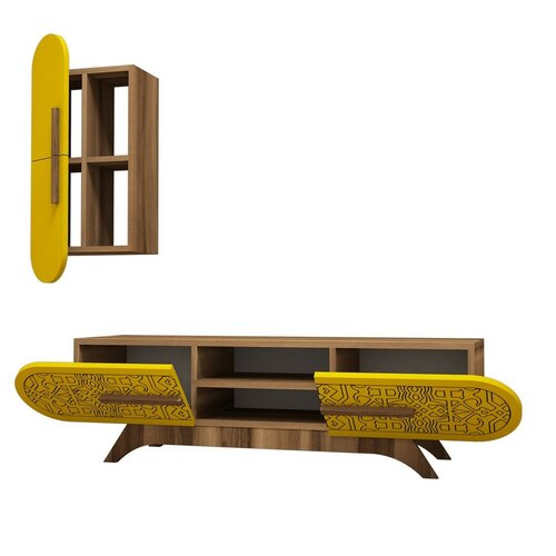 Defne Yellow and Walnut TV-asztal szekrénnyel