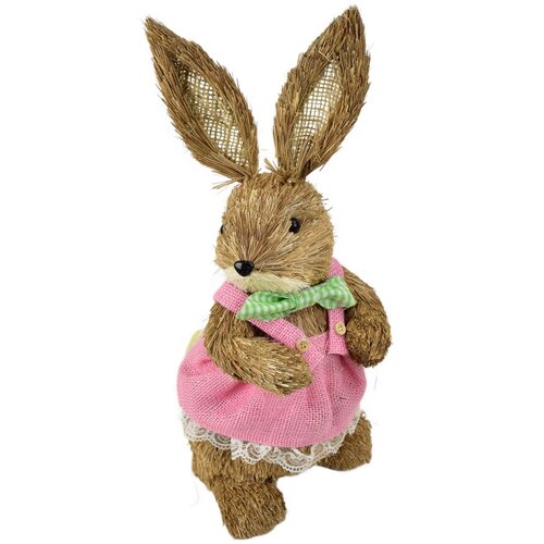 Velikonočni slamnati zajček v roza obleki, naraven, 39 cm
