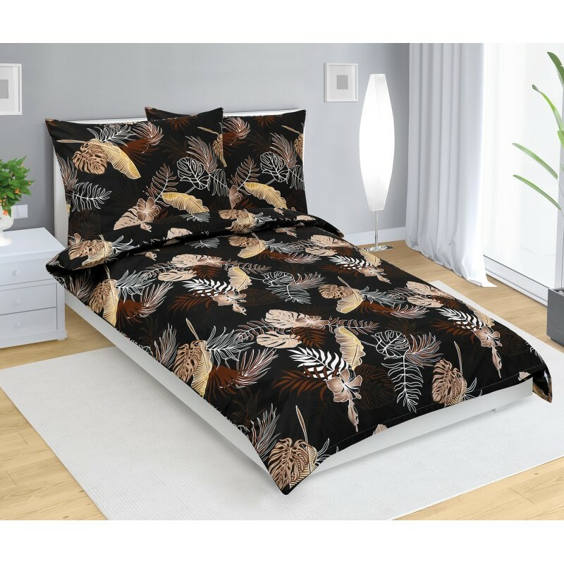 Bellatex Bavlněné povlečení Monstera tmavě hnědá, 140 x 200 cm, 70 x 90 cm