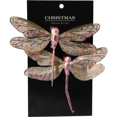 Set de decorațiuni de Crăciun Libelula roz, 13,5cm, 2 bucăți