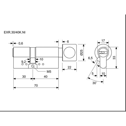 Циліндр Richter EXR.30/40K.NI з ручкою em 30+40Kмм, 6 клавіш