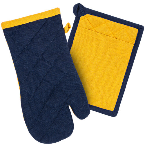 Potholder and mat Heda dark blue / yellow, set of2 pcs