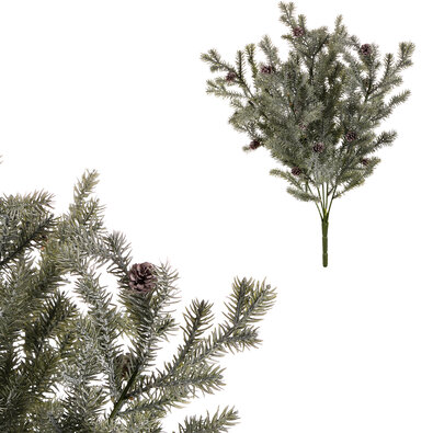 Umělá smrková větev se šiškami, 40 cm, zelená, jemně ojíněná