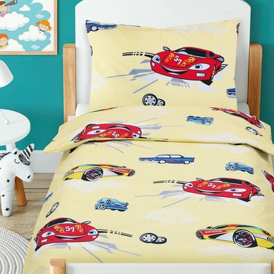 Dziecięca pościel do bawełniana do łóżeczka Beata  Wyścigówki żółty, 100 x 135 cm, 45 x 60 cm