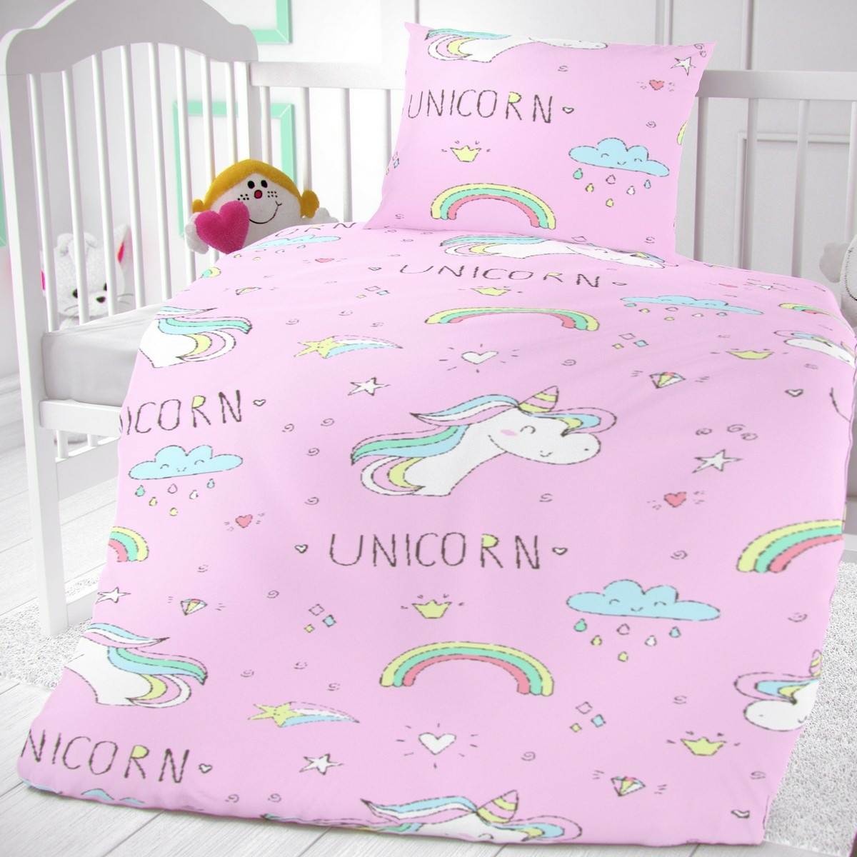 Lenjerie de pat din bumbac, pentru copii, Unicorn, 90 x 135 cm, 45 x 60 cm 135