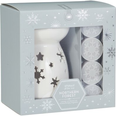 Set de aromă Winter Dream, parfum Northern Forest,lampă de arome + 4 x ceară, gri