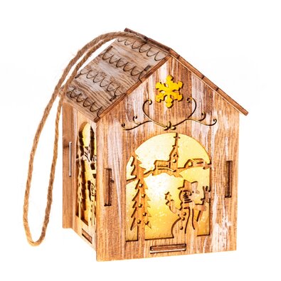 Závesný drevený domček s LED svetlom Snehuliak, 5 x 8,2 cm